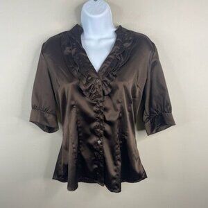 Vintage Y2K Silky Ruffle Front Fitted Top Medium Chocolate Satin Romantic Party